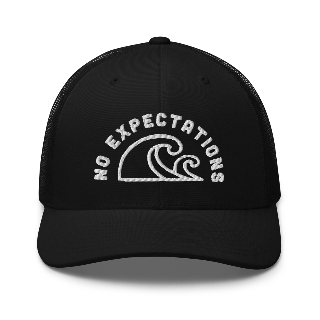 Unisex Embroidered Retro Trucker Hat featuring the No Expectations Wave logo on the front, part of the No Expectations brand collection