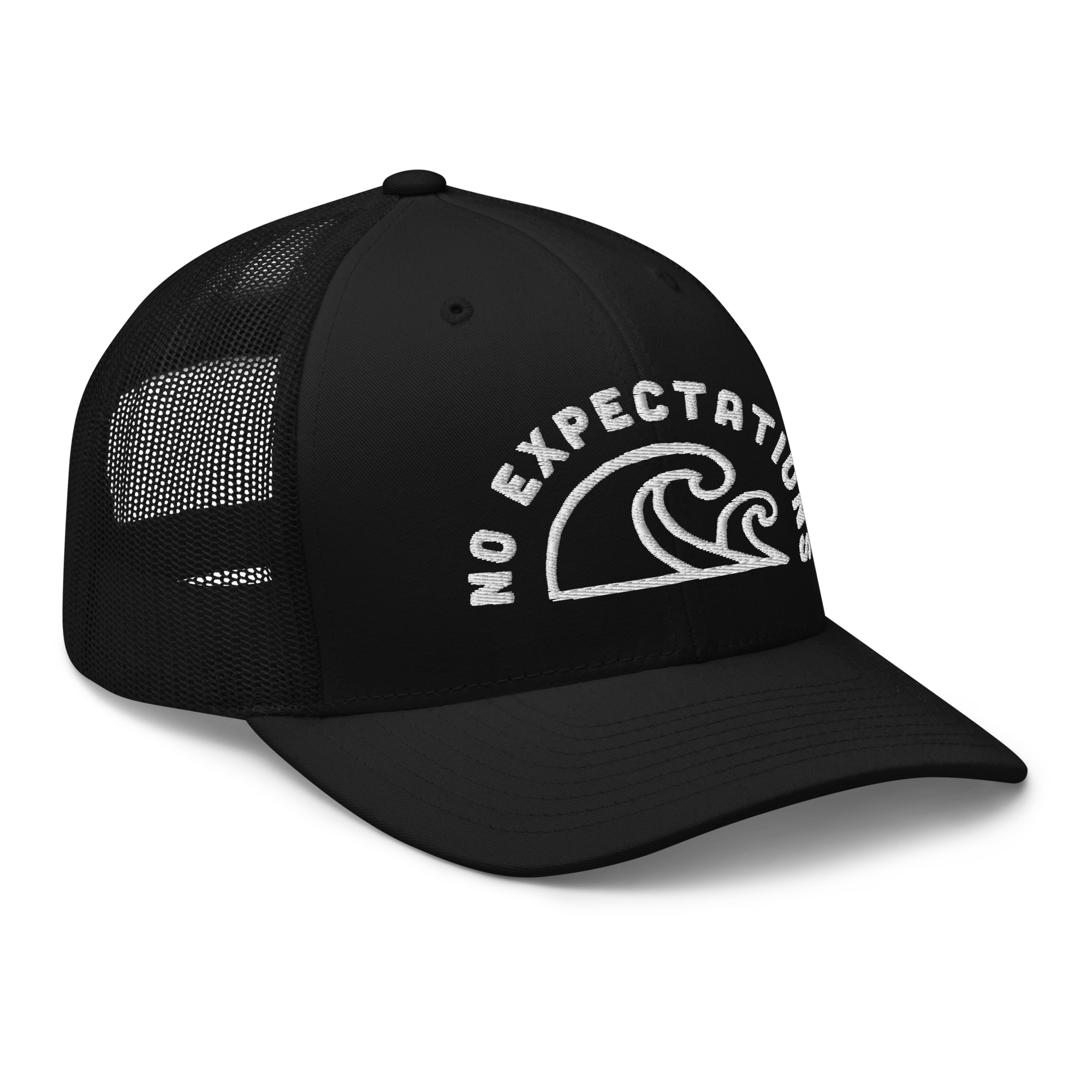 Unisex Embroidered Retro Trucker Hat featuring the No Expectations Wave logo on the front, part of the No Expectations brand collection Black