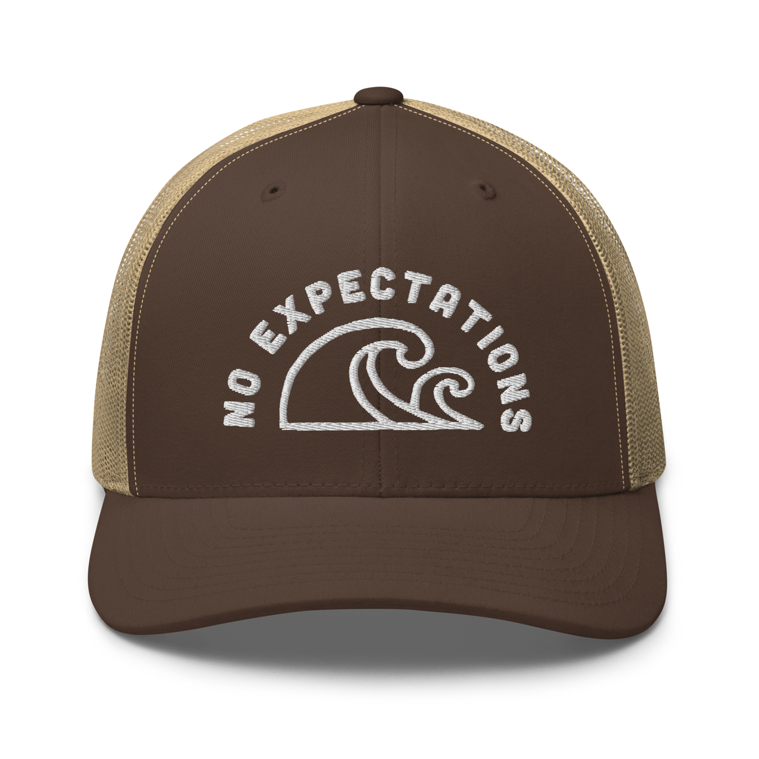 Unisex Embroidered Retro Trucker Hat featuring the No Expectations Wave logo on the front, part of the No Expectations brand collection Brown Khaki