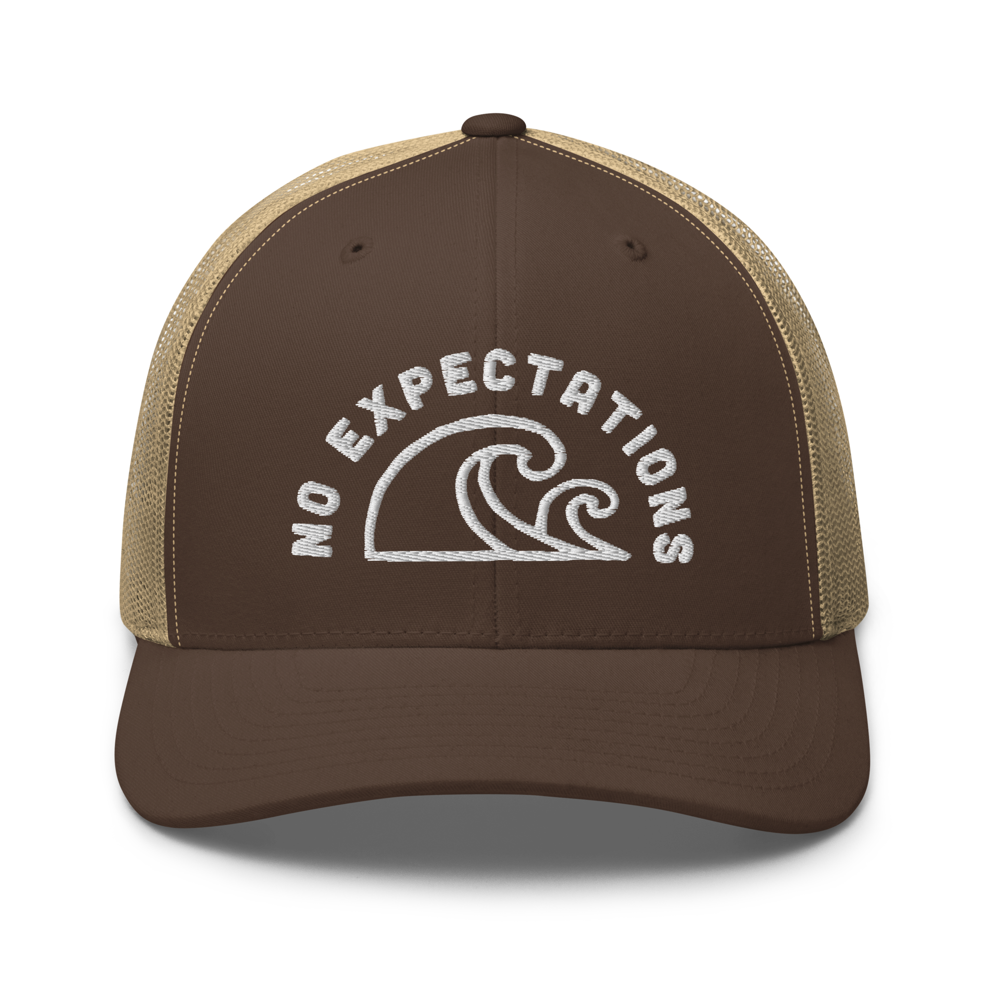 Unisex Embroidered Retro Trucker Hat featuring the No Expectations Wave logo on the front, part of the No Expectations brand collection Brown Khaki