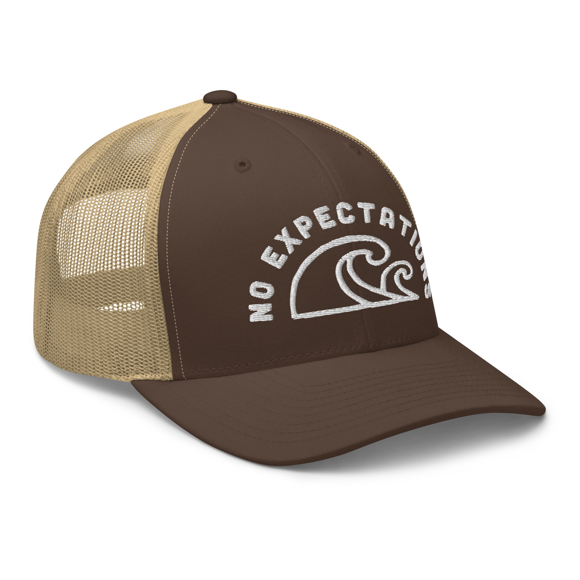 Unisex Embroidered Retro Trucker Hat featuring the No Expectations Wave logo on the front, part of the No Expectations brand collection Brown Khaki