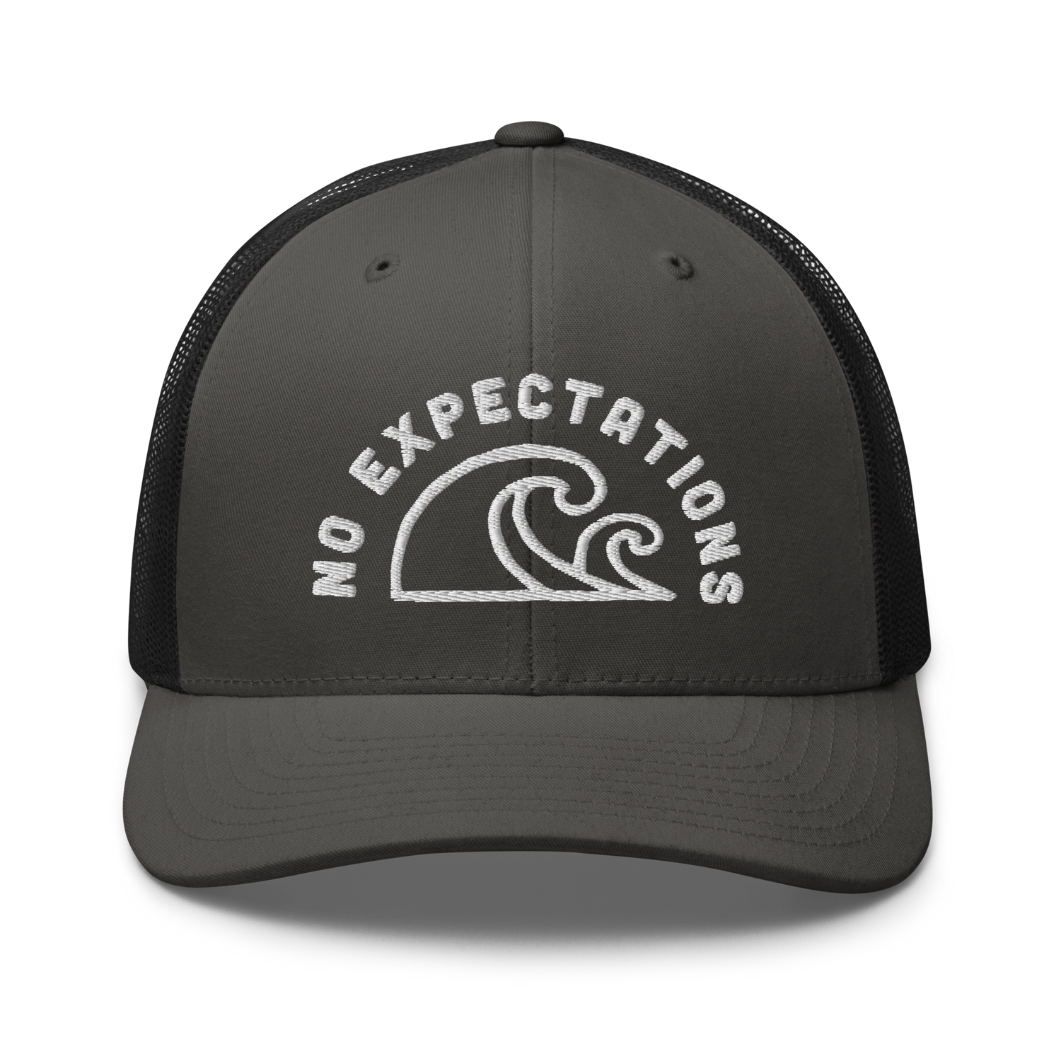 Unisex Embroidered Retro Trucker Hat featuring the No Expectations Wave logo on the front, part of the No Expectations brand collection Charcoal