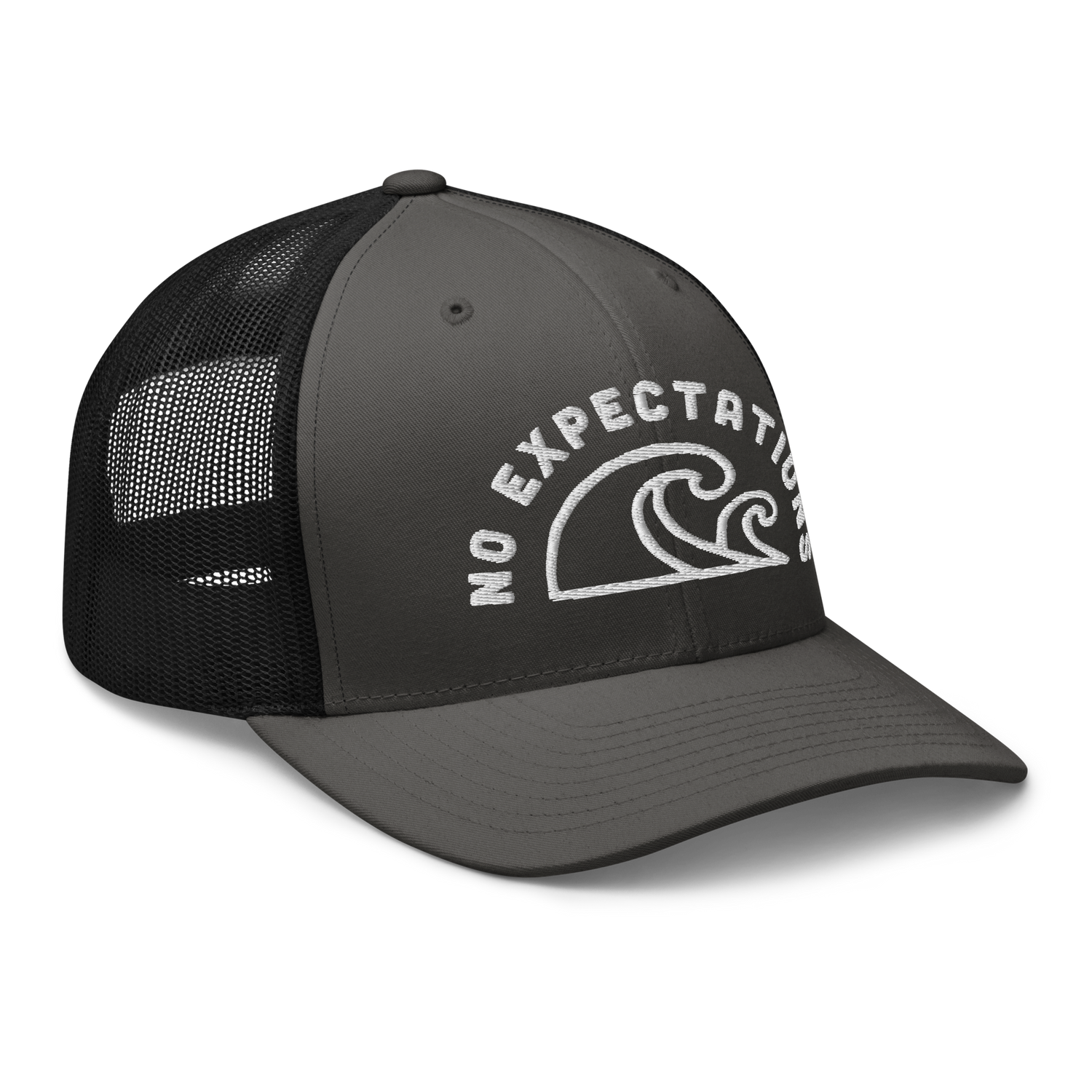 Unisex Embroidered Retro Trucker Hat featuring the No Expectations Wave logo on the front, part of the No Expectations brand collection Charcoal