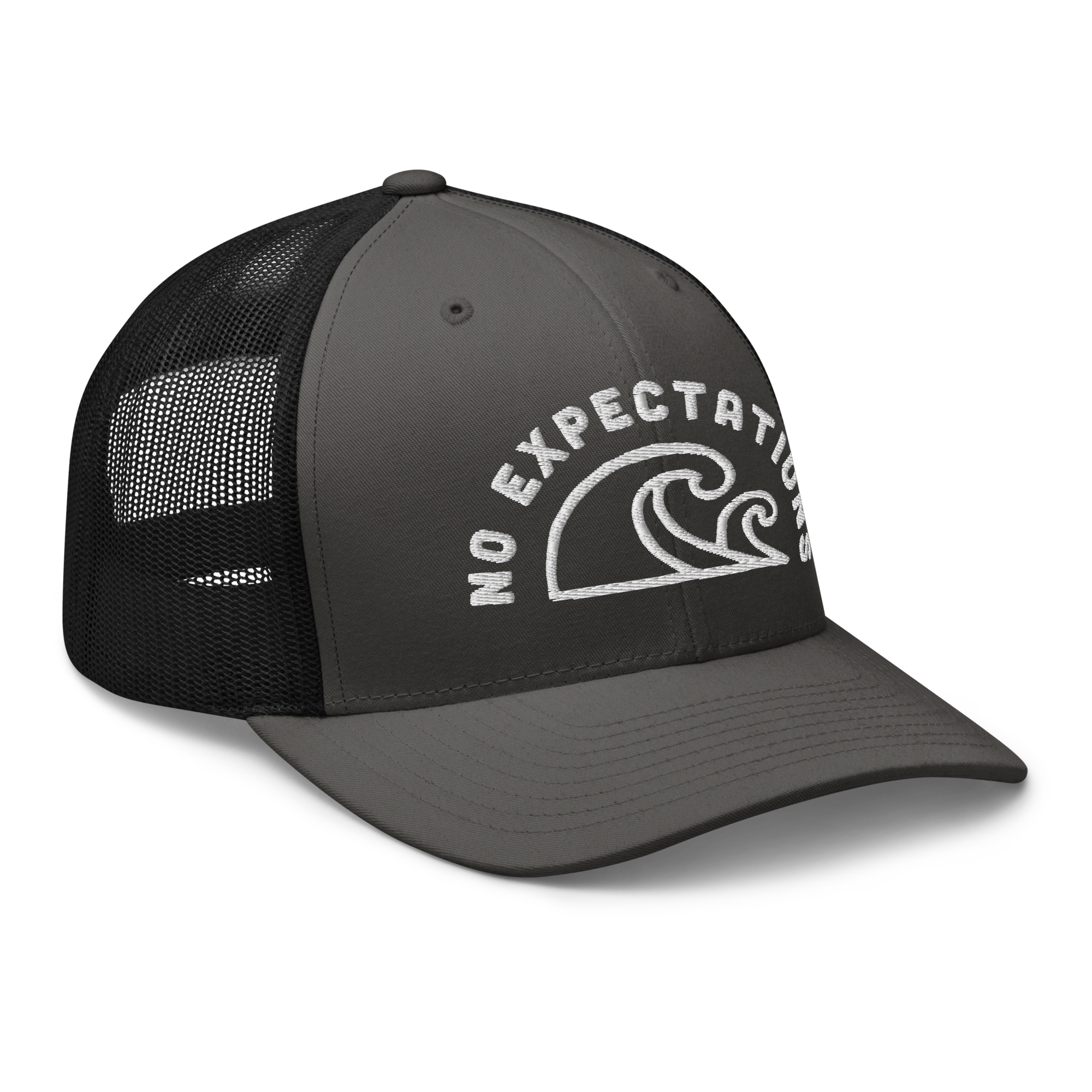 Unisex Embroidered Retro Trucker Hat featuring the No Expectations Wave logo on the front, part of the No Expectations brand collection Charcoal