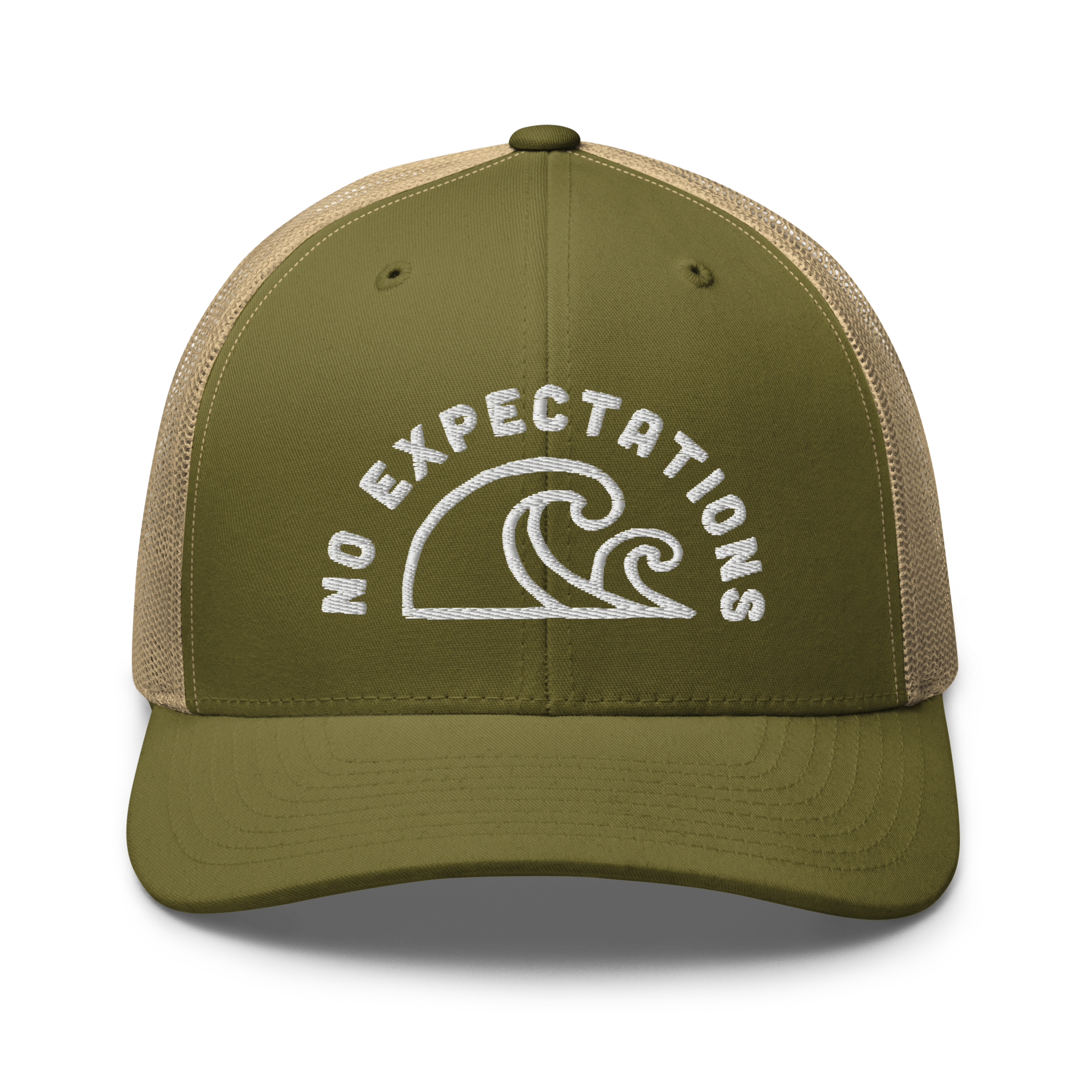 Unisex Embroidered Retro Trucker Hat featuring the No Expectations Wave logo on the front, part of the No Expectations brand collection Moss Khaki