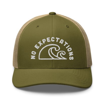 Unisex Embroidered Retro Trucker Hat featuring the No Expectations Wave logo on the front, part of the No Expectations brand collection Moss Khaki