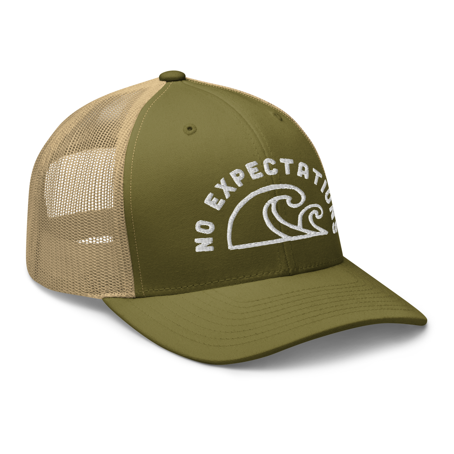 Unisex Embroidered Retro Trucker Hat featuring the No Expectations Wave logo on the front, part of the No Expectations brand collection Moss Khaki