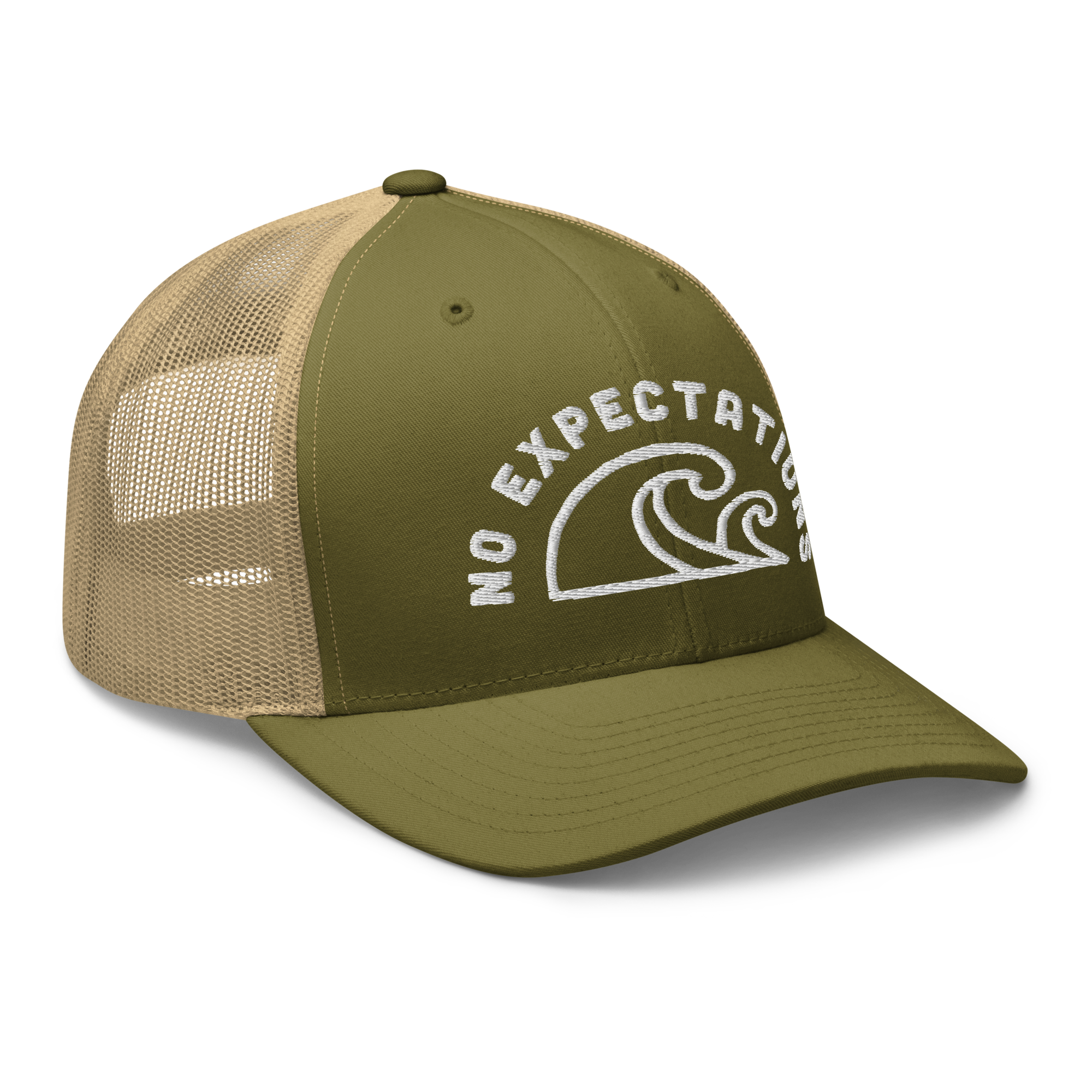 Unisex Embroidered Retro Trucker Hat featuring the No Expectations Wave logo on the front, part of the No Expectations brand collection Moss Khaki