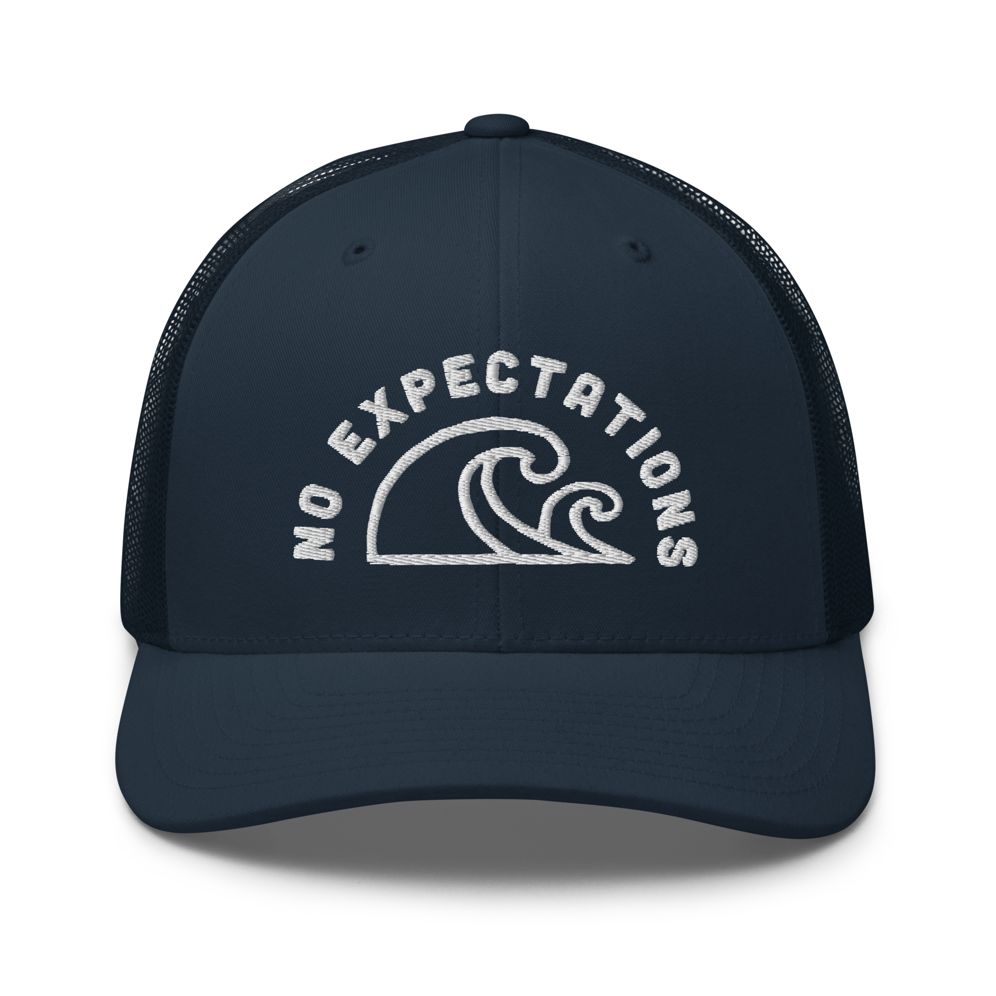 Unisex Embroidered Retro Trucker Hat featuring the No Expectations Wave logo on the front, part of the No Expectations brand collection Navy