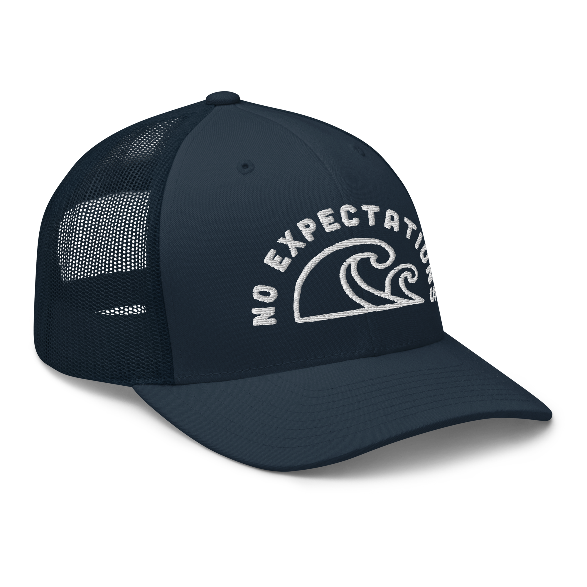 Unisex Embroidered Retro Trucker Hat featuring the No Expectations Wave logo on the front, part of the No Expectations brand collection Navy